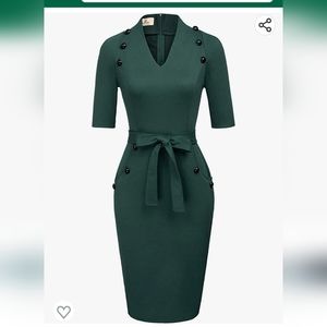 Women Vintage Short Sleeve Slim Fit Belted Business Pencil Dress